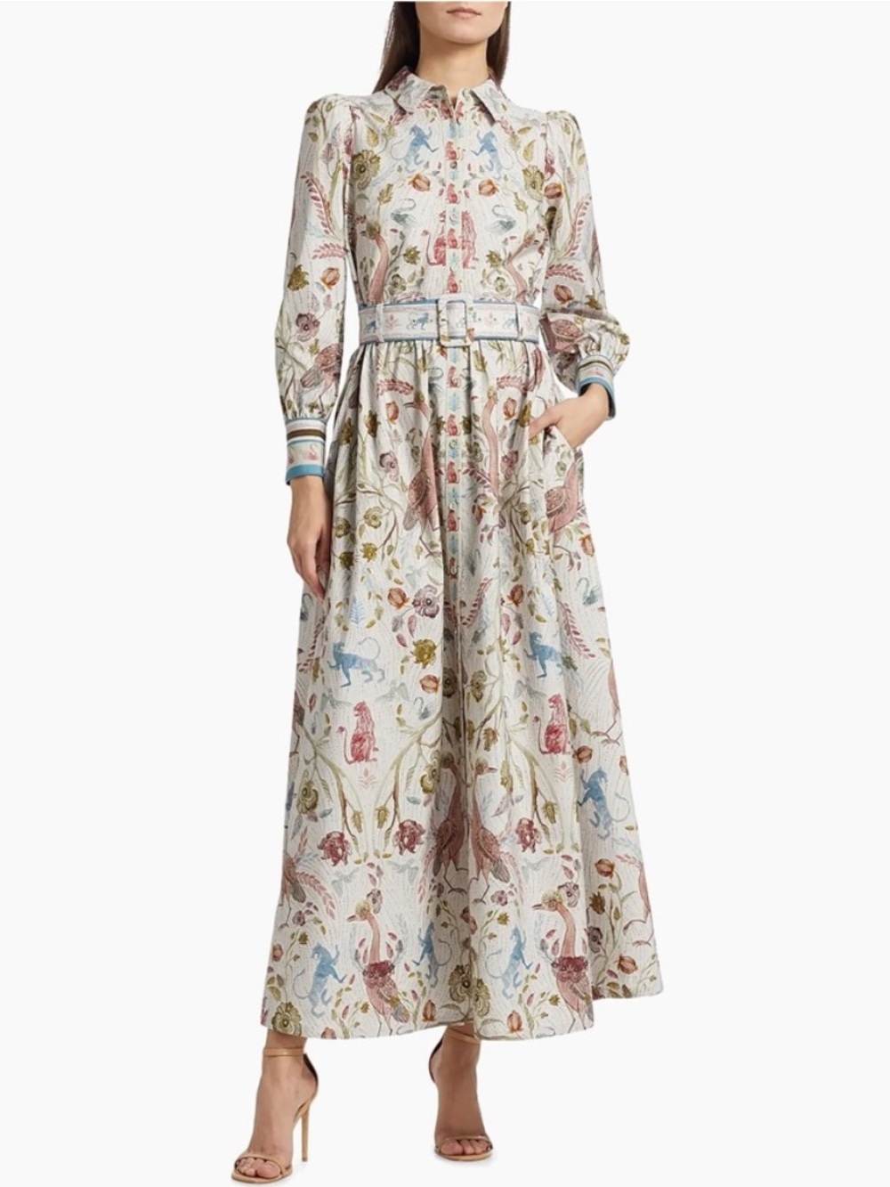Marchesa Rosa White Multicolor Floral Maxi Shirt Dress with Belt